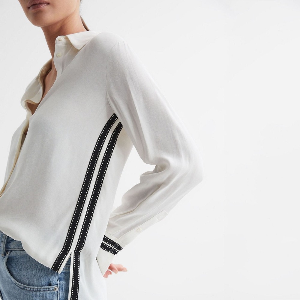 Reiss Priyah White Ribbon Trim Hidden Button Viscose Blouse Size 12โ